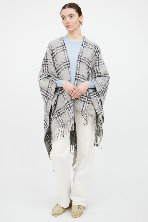 Burberry Grey 
Beige Wool Fringe Nova Check Cape