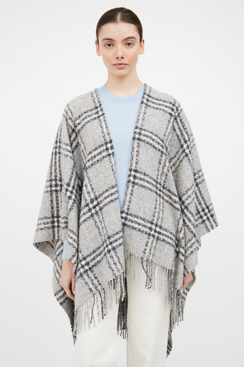 Burberry Grey 
Beige Wool Fringe Nova Check Cape