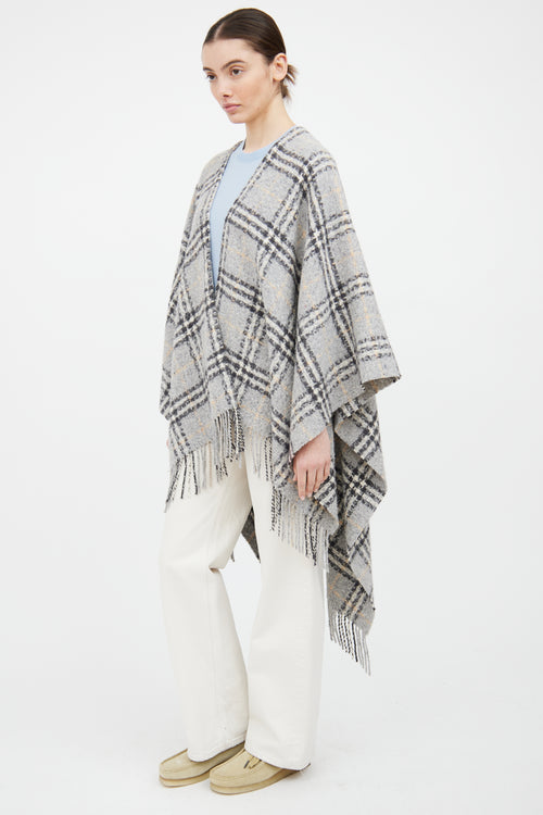 Burberry Grey 
Beige Wool Fringe Nova Check Cape