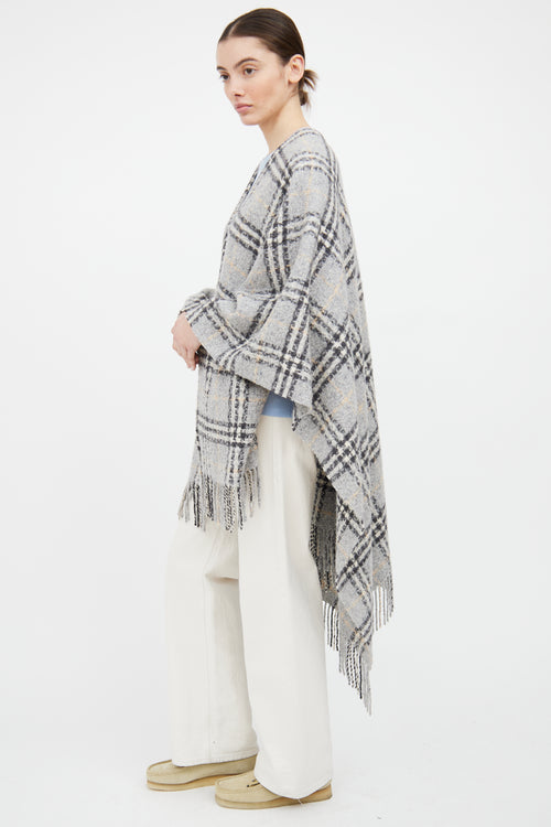 Burberry Grey 
Beige Wool Fringe Nova Check Cape