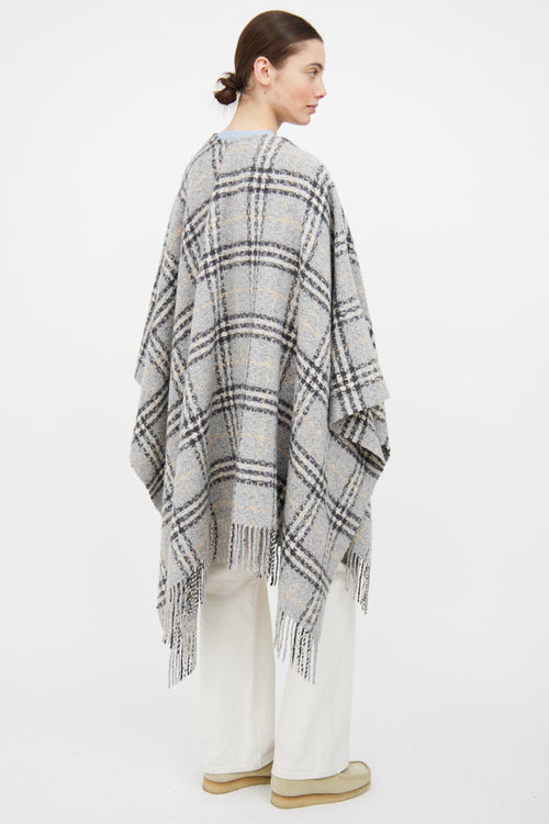 Burberry Grey 
Beige Wool Fringe Nova Check Cape