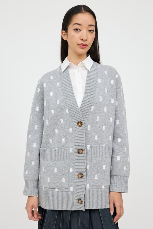 Burberry Grey 
White Wool TB Monogram Cardigan