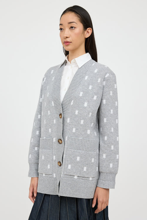 Burberry Grey 
White Wool TB Monogram Cardigan