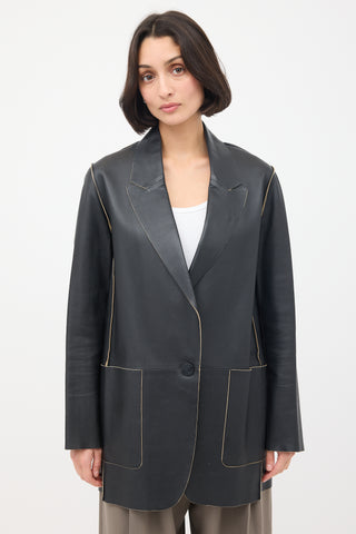 By Malene Birger Black Leather Exposed Seam Long Blazer