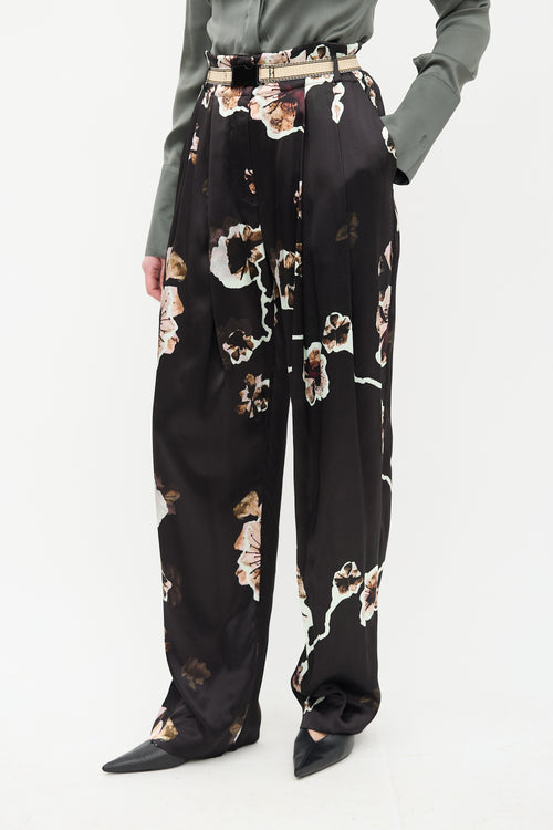 By Malene Birger Black 
Multi Floral Belted Satin Trouser