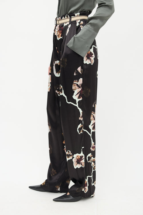 By Malene Birger Black 
Multi Floral Belted Satin Trouser