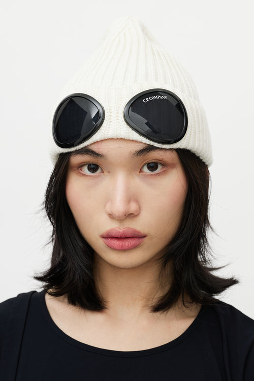 C.P. Company Cream Wool Knit Goggle Beanie