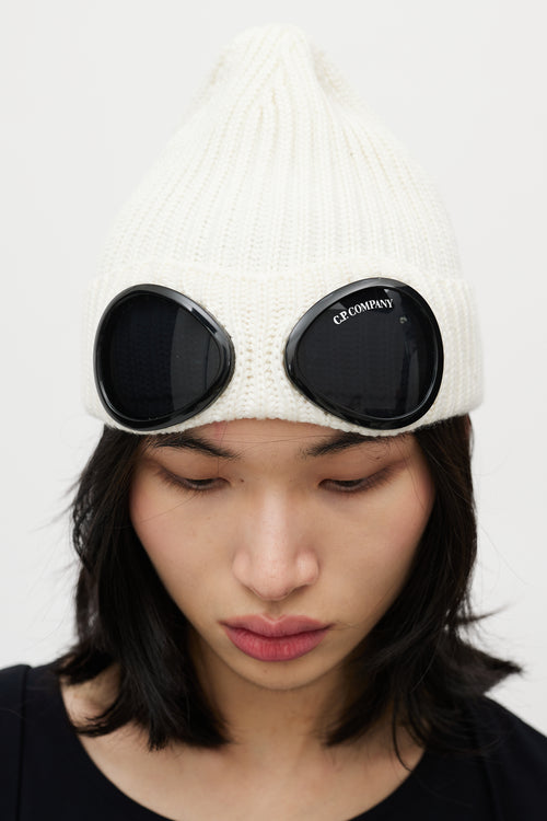 C.P. Company Cream Wool Knit Goggle Beanie