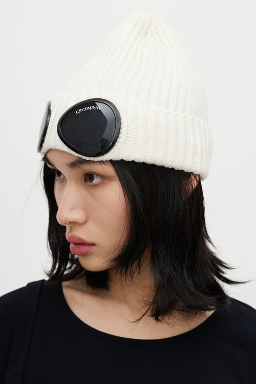 C.P. Company Cream Wool Knit Goggle Beanie