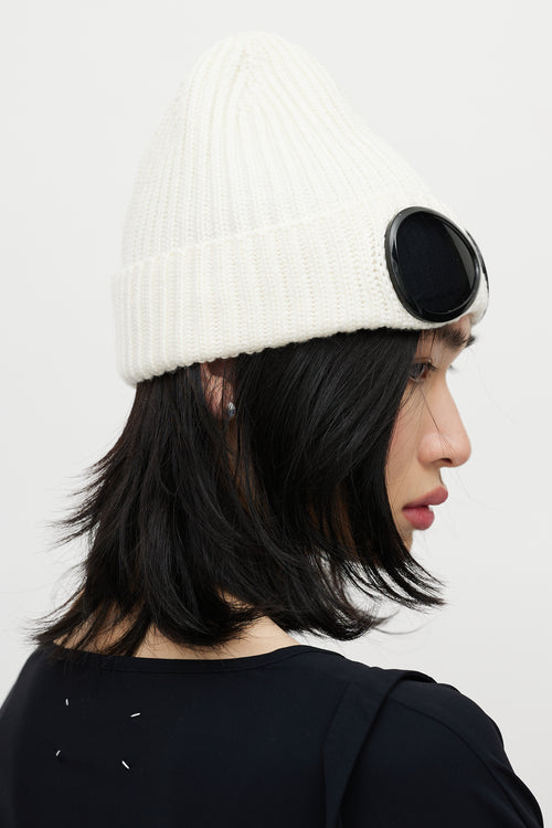 C.P. Company Cream Wool Knit Goggle Beanie