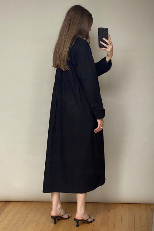 Black Cotton Gathered Dress