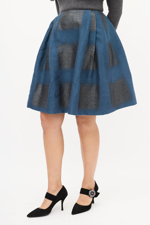 Carolina Herrera Blue 
Black Cloque Brocade Midi Skirt