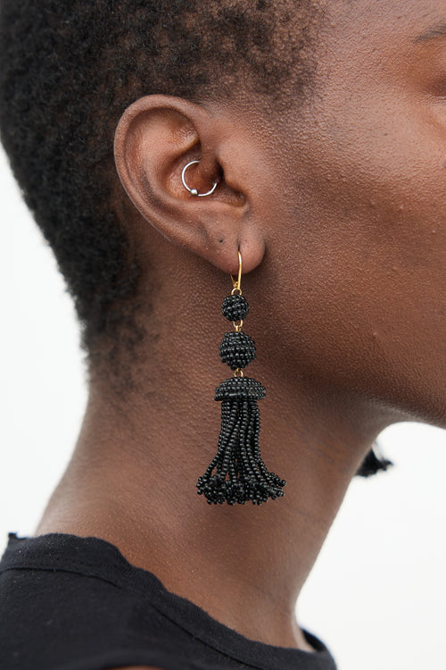 Celine 2016 Black Beaded Tassel Drop Earrings