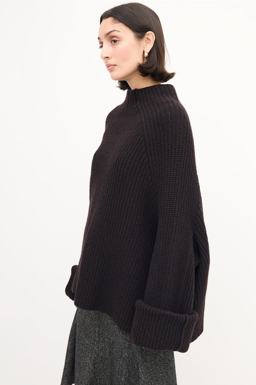 Celine Dark Brown Wool Knit Mock Neck Sweater