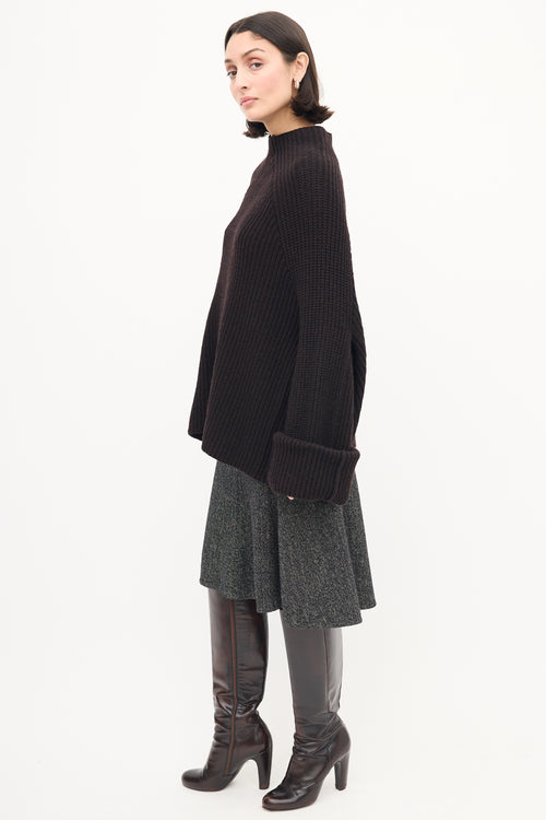 Celine Dark Brown Wool Knit Mock Neck Sweater