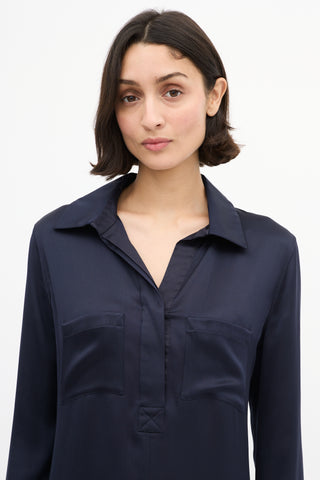 Celine Navy Silk Two Pocket Midi Dress