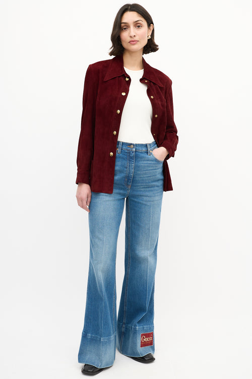 Celine Vintage Dark Red Suede Snap Buttoned Shirt