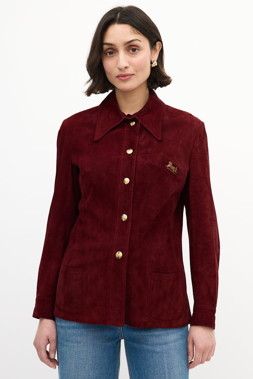 Celine Vintage Dark Red Suede Snap Buttoned Shirt