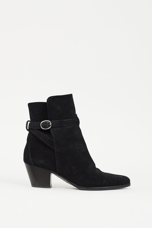 Celine Black Suede Buckle Strap Ankle Boot