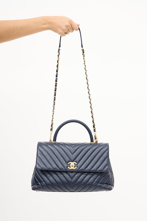 Chanel 2018 Navy Chevron Leather Medium Coco Handle Bag