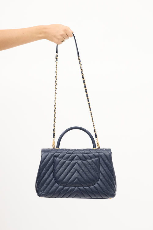 Chanel 2018 Navy Chevron Leather Medium Coco Handle Bag