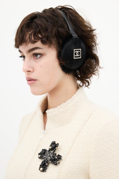 Chanel Black 
Silver CC Fur Earmuffs