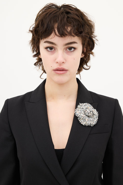 Chanel White 
Multi Tweed Camellia Brooch