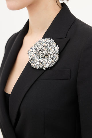 Chanel White 
Multi Tweed Camellia Brooch