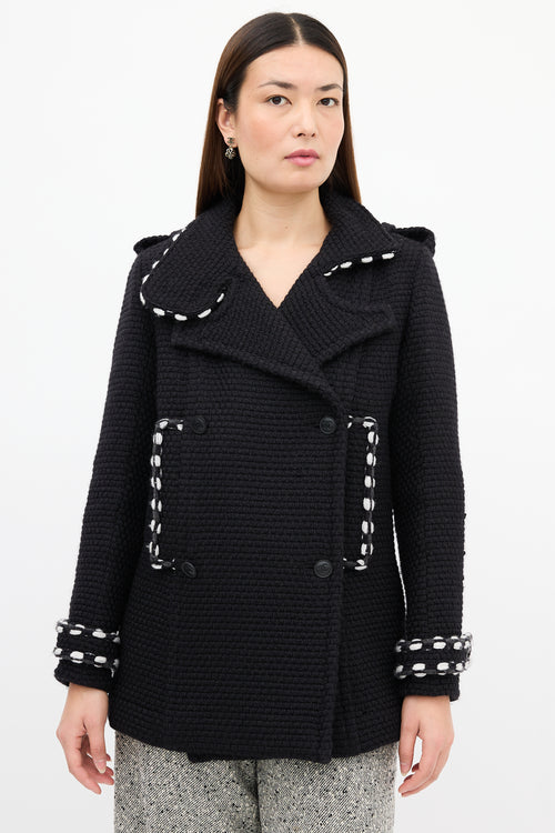 Chanel Black Wool Woven Pea Coat