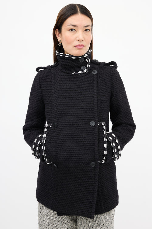 Chanel Black Wool Woven Pea Coat