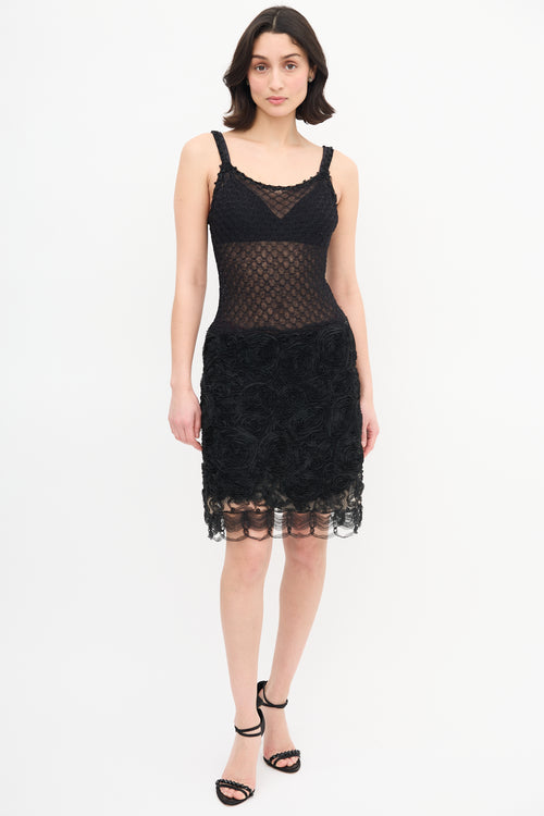 Christian Lacroix Vintage Black Sheer Glitter Rosette Dress