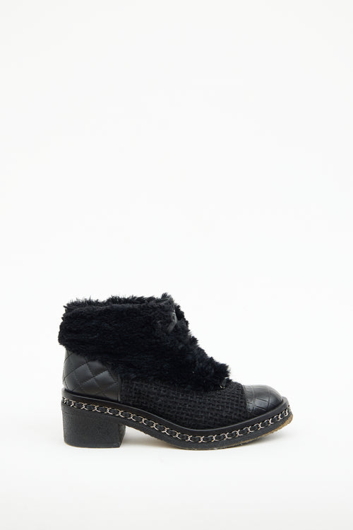 Chanel Black Fur 
Boucle Chain Ankle Boot