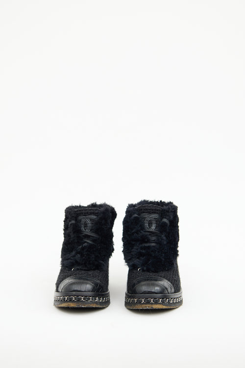 Chanel Black Fur 
Boucle Chain Ankle Boot