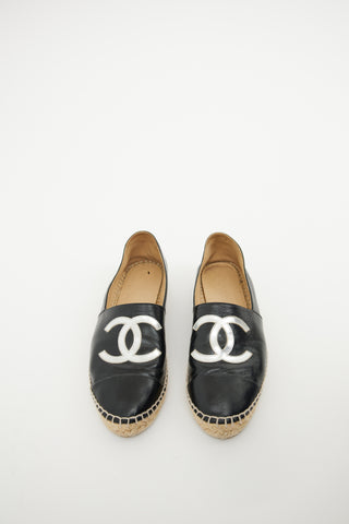 Chanel Black 
Silver Leather CC Logo Espadrille