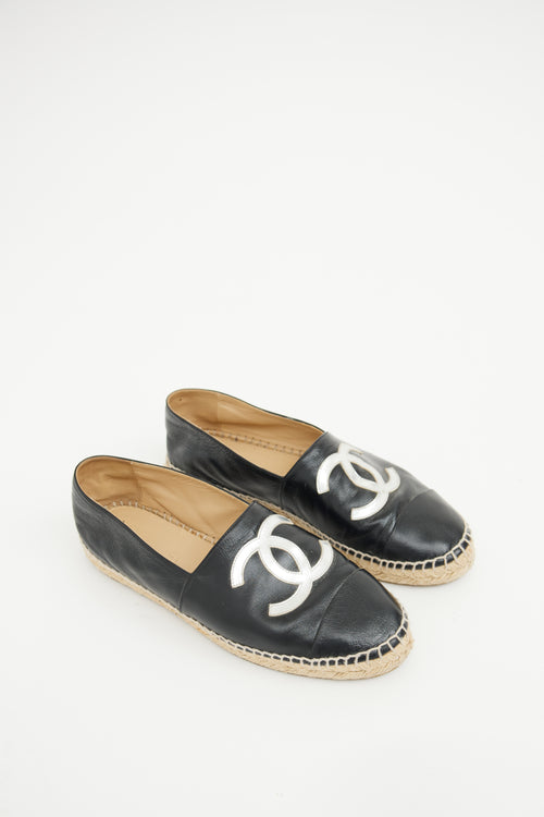 Chanel Black 
Silver Leather CC Logo Espadrille