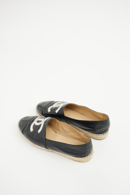 Chanel Black 
Silver Leather CC Logo Espadrille