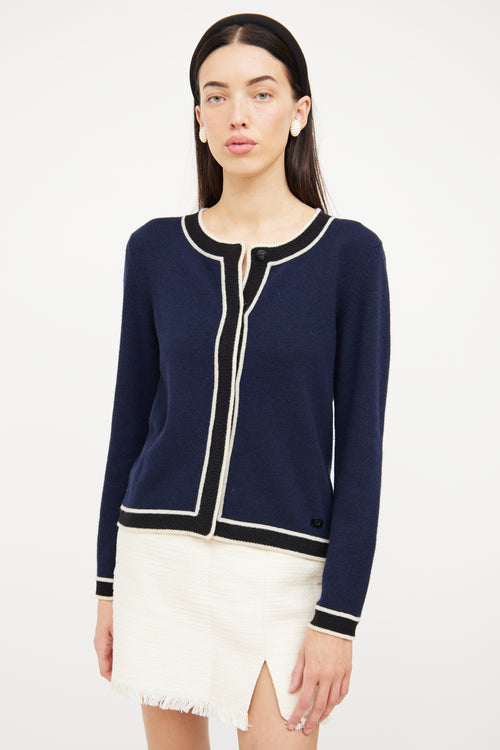 Chanel 2002 Navy Cashmere Contrast Trim Cardigan