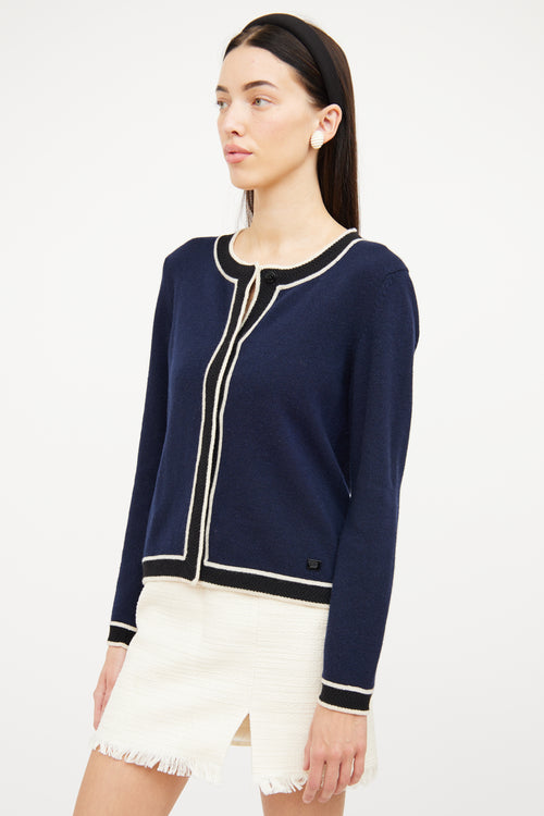 Chanel 2002 Navy Cashmere Contrast Trim Cardigan