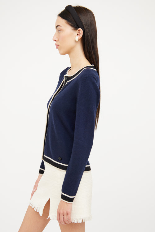 Chanel 2002 Navy Cashmere Contrast Trim Cardigan