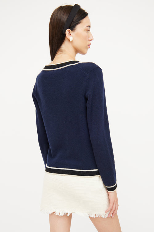 Chanel 2002 Navy Cashmere Contrast Trim Cardigan