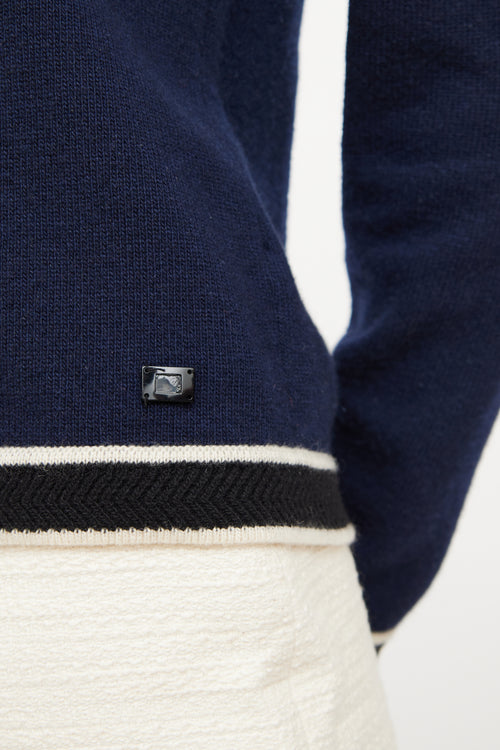 Chanel 2002 Navy Cashmere Contrast Trim Cardigan