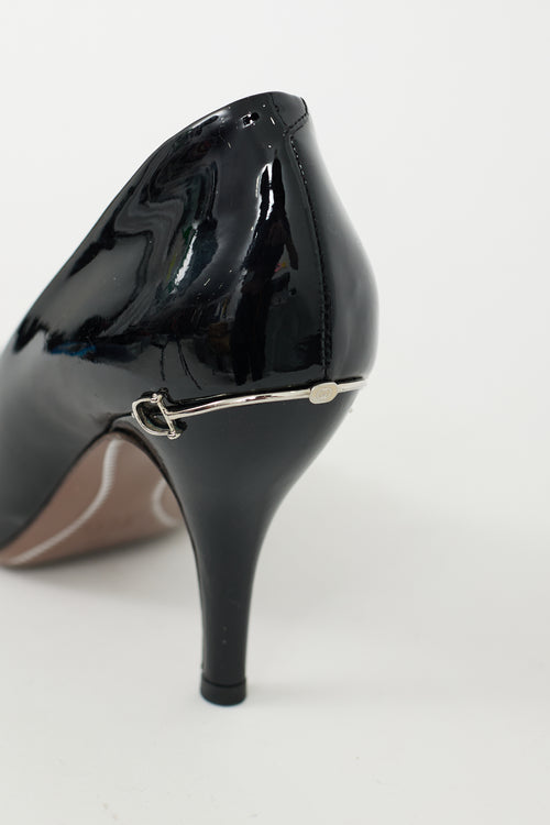 Gucci Black 
Silver Patent Leather Hardware Heel