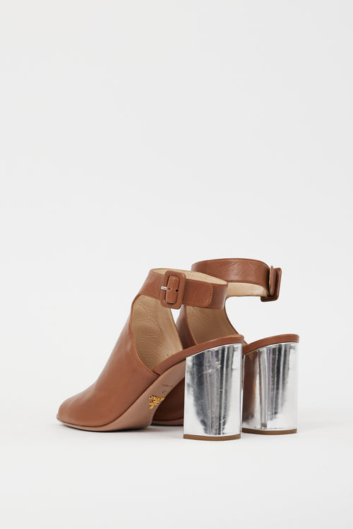 Prada Brown 
Silver Metallic Sandal