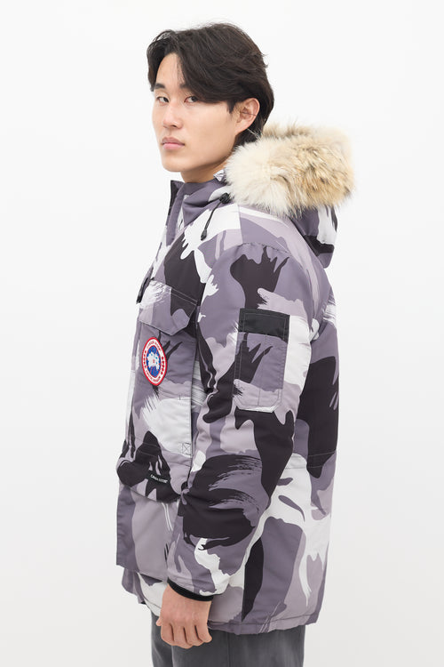 Canada Goose Grey Down 
Fur Trim Camo Expedition Jacket