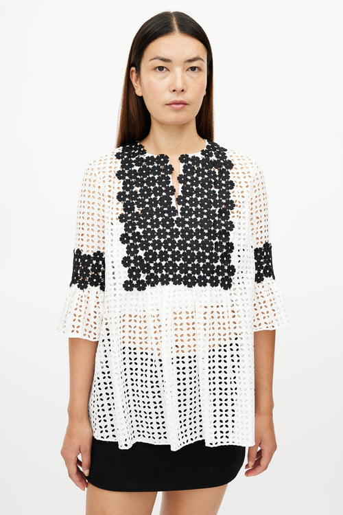 Carolina Herrera Black 
White Floral Eyelet Top