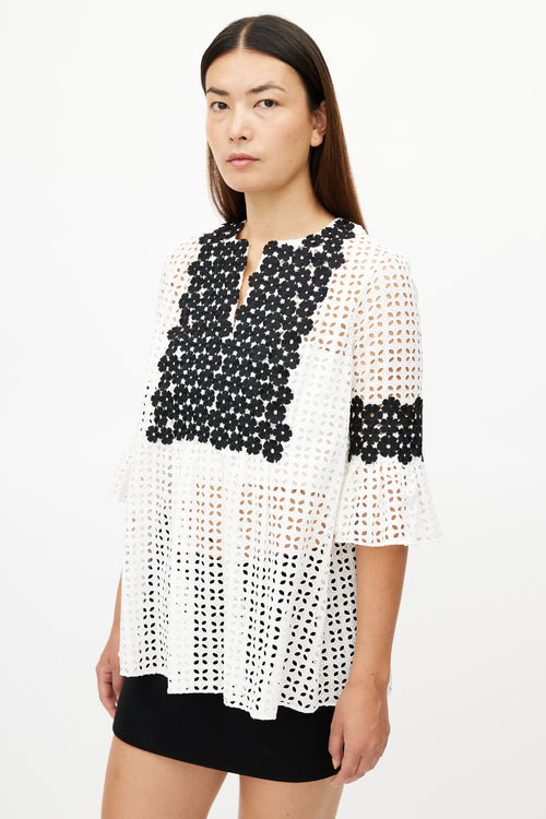 Carolina Herrera Black 
White Floral Eyelet Top