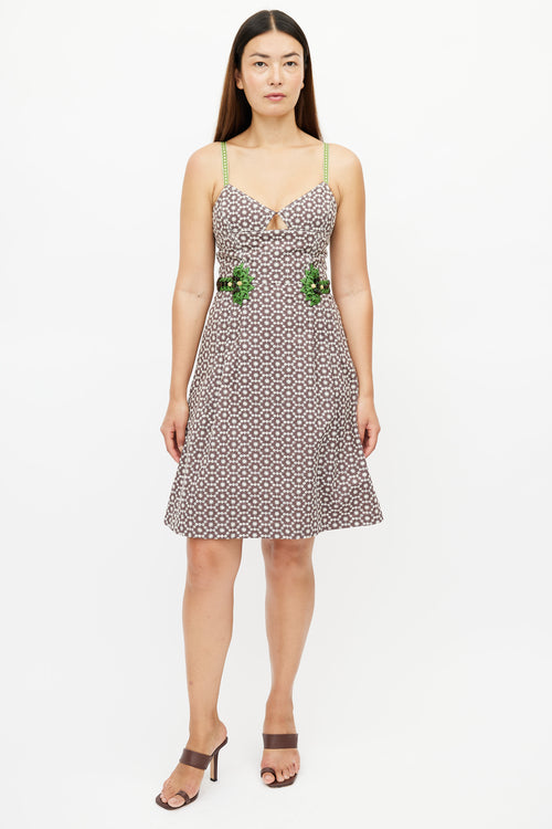 Carolina Herrera Brown 
Green Print Embellished Dress