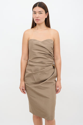 Carolina Herrera Brown Silk Embellished Draped Midi Dress