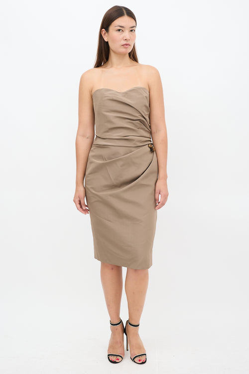 Carolina Herrera Brown Silk Embellished Draped Midi Dress