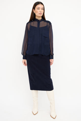 Carolina Herrera Navy Mesh Stand Collar Shirt